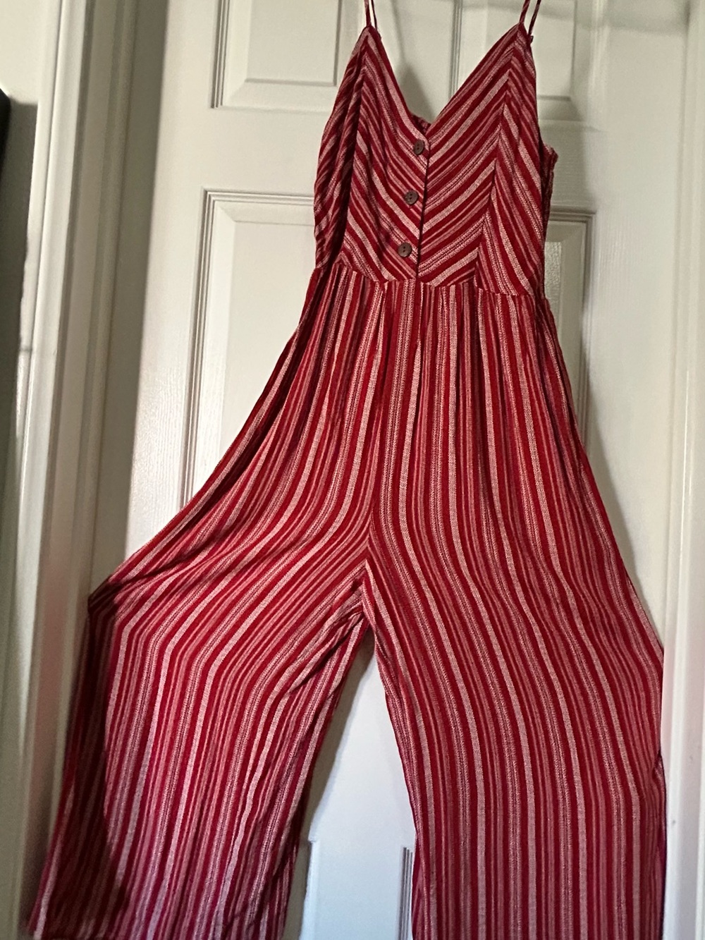 Forever 21 Red and White Striped Button-Front Wide-Leg Jumpsuit